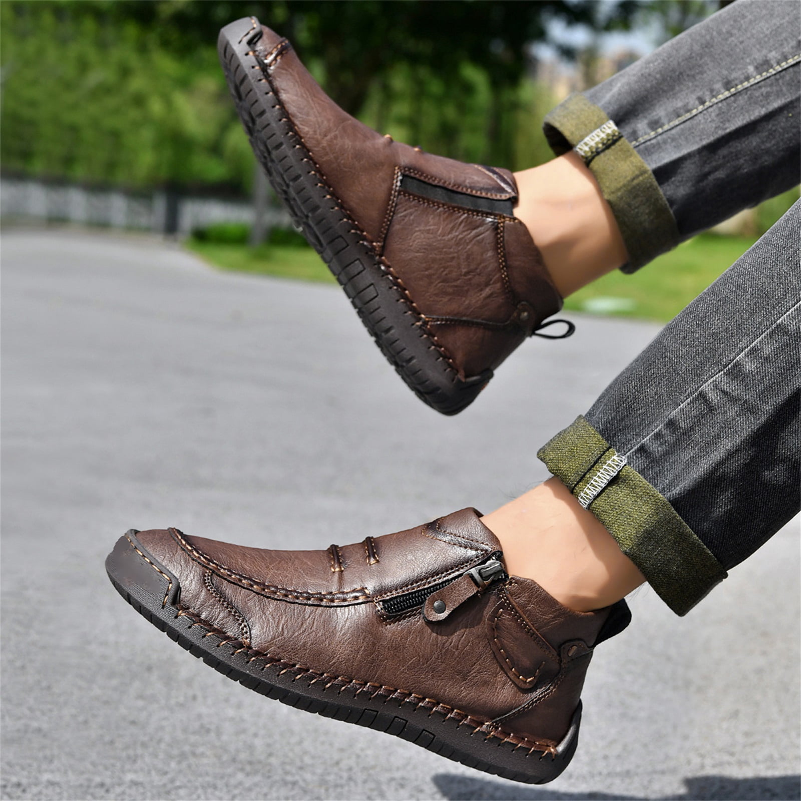 HTHLVMD Side Zipper Boots for Men, Men’S Slip-On Orthopedic Leather Boots,Men’S Handmade Premium Leather Slip-On Driving Boots,Men Side Zipper Orthopedic Shoes for Driving Hiking, Brown 6