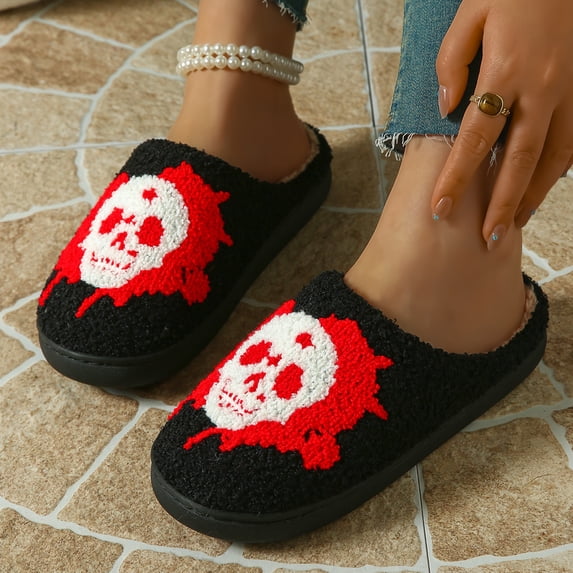 HTHLVMD Skull Slippers, Halloween House Shoes, Gothic Slippers, Halloween Skull Plush Slippers Warm Fuzzy House Shoes Gothic Holiday Slippers Cozy Closed Toe Indoor Slip On Footwear, Black 5.5