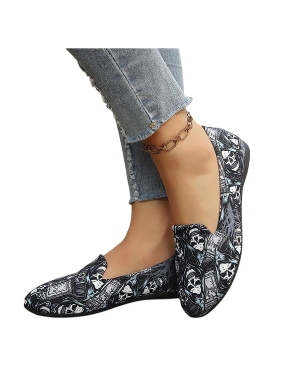 Slip On Flat Shoes, Gothic Casual Shoes, Party Printed Loafers, Retro Punk Flats, Women's Skull Rose Print Slip On Loafers, Round Toe Casual Flat Shoes for Daily, Party, Gray 8