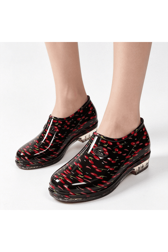 Slip On Loafers, Waterproof Rain Shoes Low Top Garden Shoes Slip On Anti Slip Lightweight Outdoor Walking Footwear Printed Muck Mud Work Shoes Kitchen Car Wash Loafers, Red 5.5