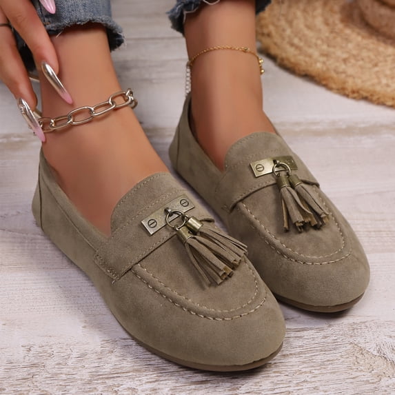 HTHLVMD Slip-On Casual Flats, Women's Comfort Moccasins, Everyday Comfort Loafers, Office Shoes, Suede Tassel Loafers, Casual Dress Loafers for Women Driving Shoes Summer Comfortable Shoes, Khaki 8.5
