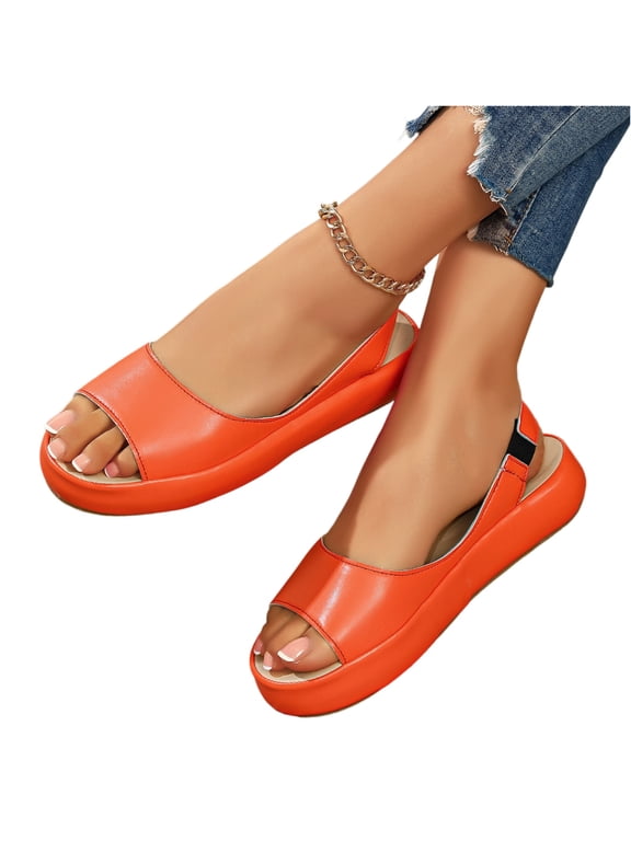Slip-On Casual Shoes, Open Toe Comfort Footwear, Flat Everyday Sandals, Sandals for Women Peep Toe Ankle Strap Slingback Flat Sandal Summer Orthopedic Sandals Casual Shoes, Orange 8