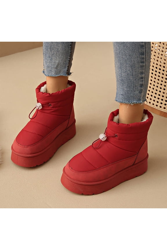 Slip On Snow Boots, Puffer Winter Booties, Women's Winter Snow Boots Slip On Quilted Puffer Booties Warm Faux Fur Lined Toggle Drawstring Platform Winter Shoes, Wine 5.5
