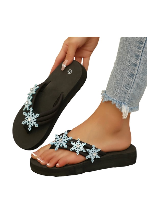Snowflake Crystal Flip Flops, Women's Snowflake Crystal Wedge Flip Flops Triple Rhinestone Thong Sandals Thick Platform Summer Beach Pool Slide Slippers Footwear, Blue 6