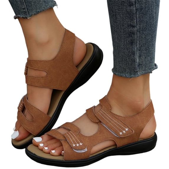 HTHLVMD Soft Sole Open Toe Shoes, Women Open Toe Sport Sandals Comfortable Star Pattern Flat Sandals Summer Hook and Loop Ankle Strap Walking Shoes Soft Sole Wide Fit Outdoor Beach Shoes, Brown 6