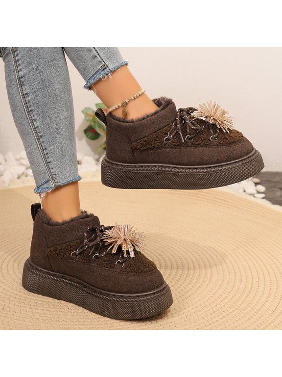 Sparkle Pom Slippers, Fleece Sherpa Sneakers, Winter Fleece Sparkle Pom Pom Loafers Cozy Sherpa Sneakers Holiday Family Gathering Festive Accent Low Top Comfort Walking Footwear, Coffee 5.5