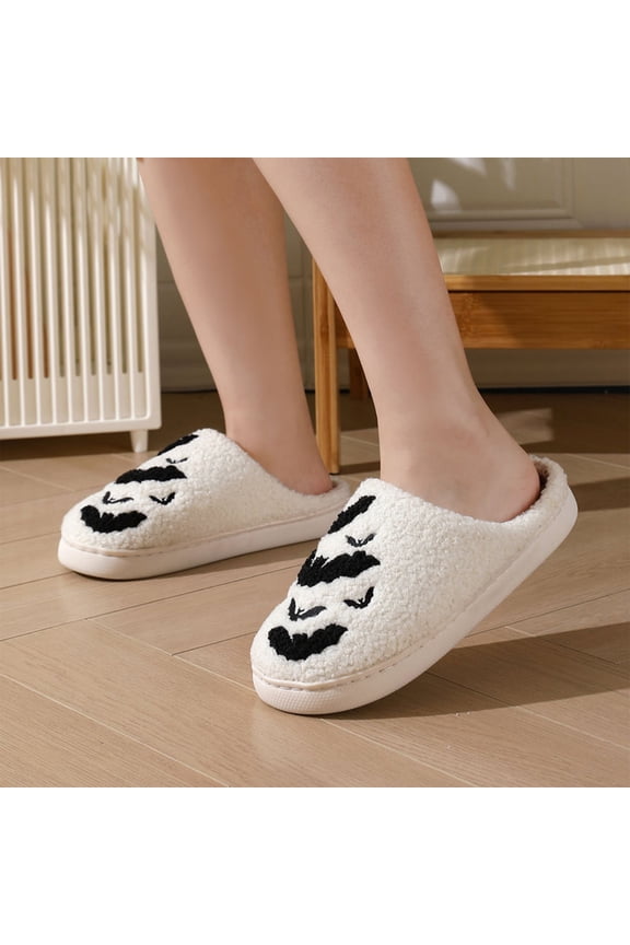 Spooky House Shoes, Fuzzy Warm Slip Ons, Cozy Plush Slippers, Halloween Flying Bats Plush Slippers Spooky White Bats Fuzzy House Shoes Cozy Closed Toe Warm Indoor Slippers, White 7.5