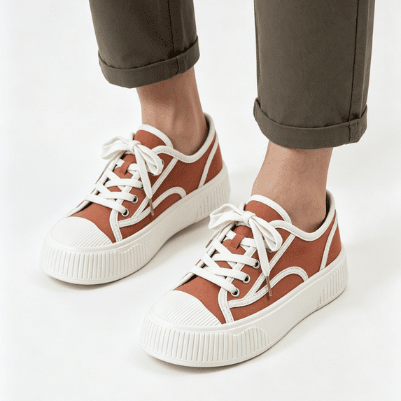 HTHLVMD Stitching Casual Sneakers, Low Top Walking Footwear, Women's Canvas Sneakers Fashion Low Top Platform Walking Shoes Lace-Up Casual Comfort Tennis Shoes for Daily Wear, Khaki 8