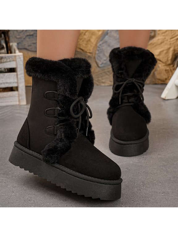 Suede Snow Boots, Lace Up Booties, Winter Suede Fleece Collar Snow Boots Warm Lace Up Booties Mountain Cabin Vacation Cold Climate Ski Resort Comfort Walking Footwear, Black 6