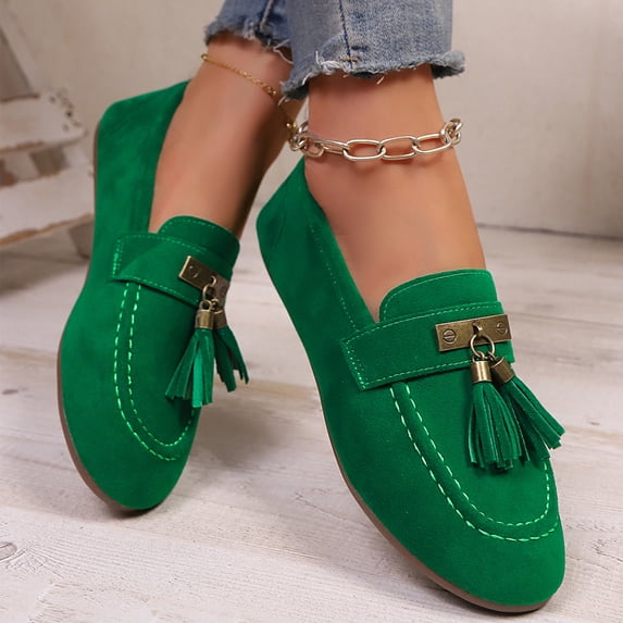 HTHLVMD Suede Tassel Loafers, Slip-On Casual Flats, Women's Comfort Moccasins, Everyday Comfort Loafers, Casual Dress Loafers for Women Driving Shoes Summer Comfortable Shoes, Dark Green 7