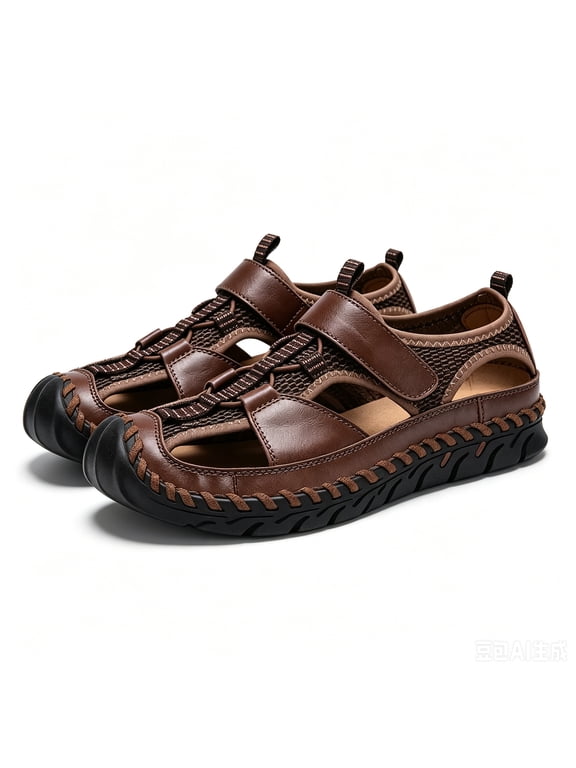 Summer Beach Sandals, Casual Footwear, Men's Genuine Leather Hand Stitching Fisherman Sandals,Outdoor Casual Closed Toe Breathable Hiking Sandals Sport Walking Water Shoes, Brown 7.5