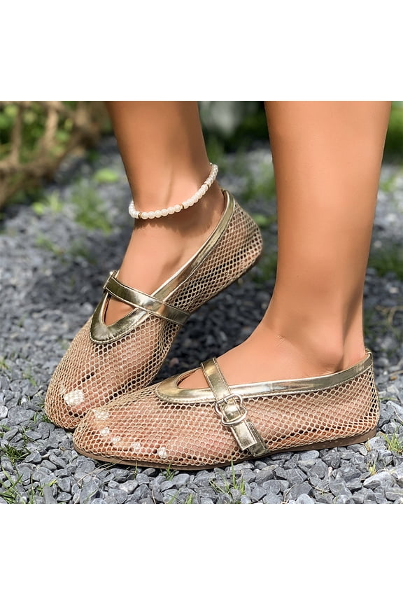 Summer Casual Walking Shoes, Walking Shoes Women Slip On, Lightweight Slip‑On Flats, Mesh Ballet Flats for Women Buckle Strap Comfy Casual Office Fishnet Ballerina Flat Shoes, Gold 5.5