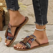 HTHLVMD Summer Ethnic Print Toe Post Sandals, Open Toe Flat Slides for Women, Womens Rainbow Summer Sandals 2026 Boho Colorful Mexican Vacation Flats Slides Shoes, Light Brown 7.5
