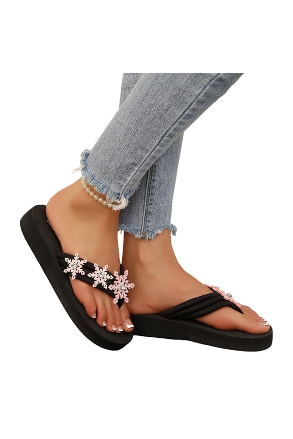Summer Rhinestone Wedge Shoes, Women's Snowflake Crystal Wedge Flip Flops Triple Rhinestone Thong Sandals Thick Platform Summer Beach Pool Slide Slippers Footwear, Pink 6.5