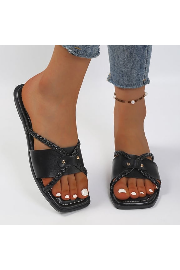 Summer Sandals Women, Slip On Sandals for Men, Womens Slip On Walking Shoes, Women’S Flat Sandals Slip On Summer Gladiator Open Toe Braided Slingback Shoes, Black 6