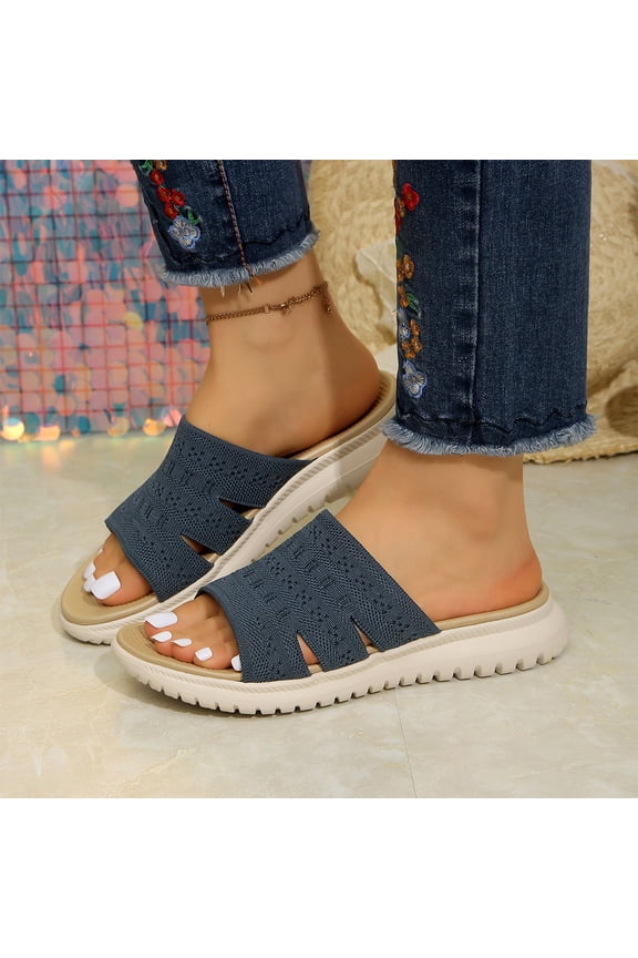 Summer Slides, Casual Sandals, Knit Upper Footwear, Flat Sandals for Women Orthopedic Arch Support Sandals Lightweight Slipper Summer Beach Slides Slipper Casual Slip on Shoes, Navy 8.5