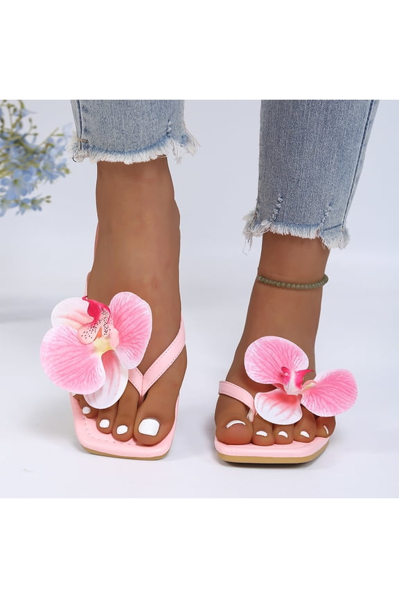 Summer Vacation Walking Slippers, Y2k Sandals, Cute Flats, Women's Flower Flat Sandals Cute Square Toe Flip Flops Thong Dressy Vacation Summer 2026 Slides Shoes, Pink 6
