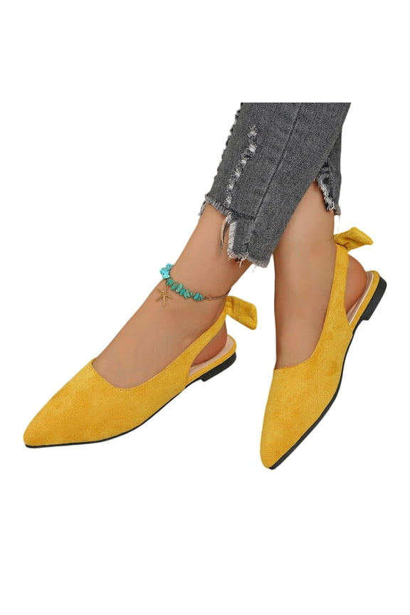Sweet Casual Date Night Shoes, Slingback Bow Flats for Women, Women's Bow Pointed Toe Flat Shoes Suede Slingback Low Heels Slip On Flats Fashion Comfortable Casual Dress Shoe, Yellow 5
