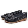 thumbnail image 1 of HTHLVMD Tassel Perforated Wedge Loafers, Casual Loafers for Women Metal Buckle Breathable Comfortable Leather Slip On Moccasins Loafers Shoes Driving Outdoor Walking Womens Flats, Black 5.5, 1 of 6