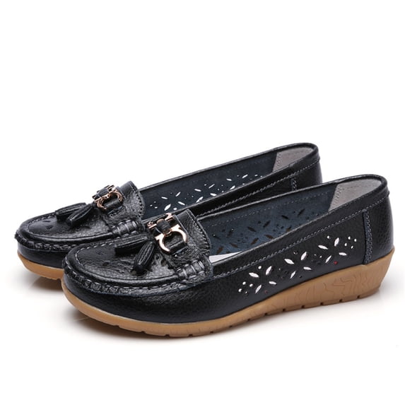 HTHLVMD Tassel Perforated Wedge Loafers, Casual Loafers for Women Metal Buckle Breathable Comfortable Leather Slip On Moccasins Loafers Shoes Driving Outdoor Walking Womens Flats, Black 5.5