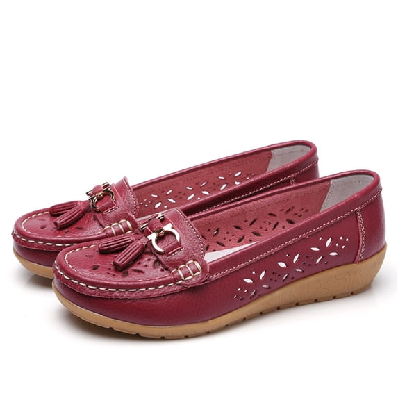 HTHLVMD Tassel Perforated Wedge Loafers, Casual Loafers for Women Metal Buckle Breathable Comfortable Leather Slip On Moccasins Loafers Shoes Driving Outdoor Walking Womens Flats, Wine 6