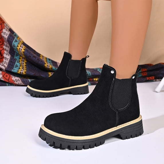 HTHLVMD Thermal Chelsea Boots, Winter Elastic Suede Chelsea Boots Pull On Lug Sole Booties Urban Street Walk Shoes Classic Comfort Twin Gore Footwear Backyard Work Boots, Black 5.5