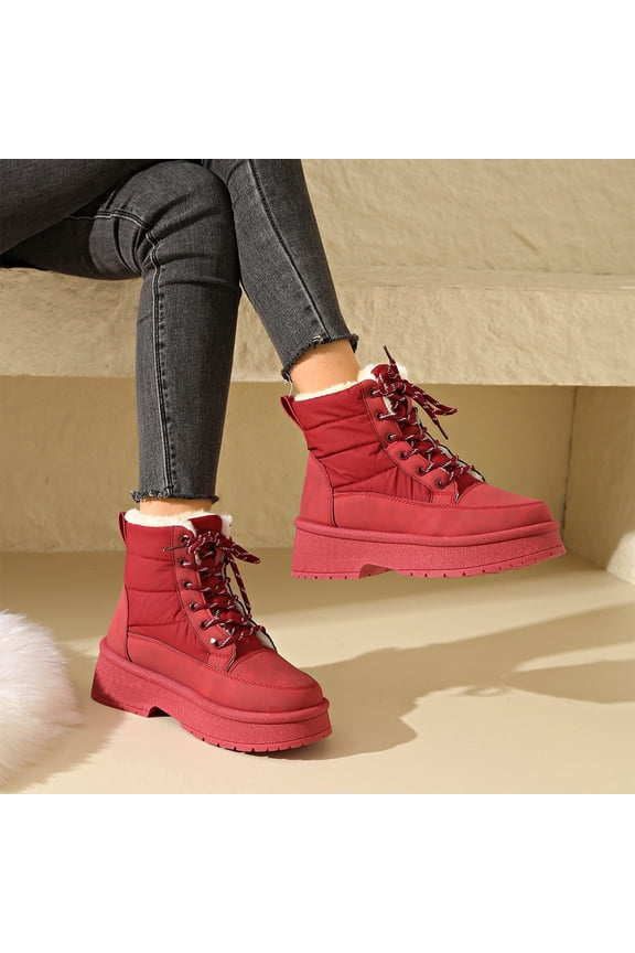 Thick Sole Cold Weather Shoes, Women Snow Boots, Women's Winter Snow Boots Lace Up Waterproof Warm Faux Fur Lined Booties Quilted Puffer Thick Sole Outdoor Walking Shoes, Wine 7.5
