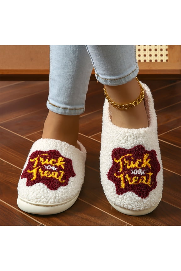 Trick Or Treat Slippers, Halloween House Shoes, Fuzzy Holiday Slip Ons, Halloween Trick Or Treat Slippers Warm Fuzzy House Shoes Cozy Closed Toe Holiday Plush Slip On Footwear, White 6.5