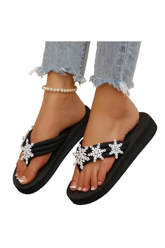 Triple Rhinestone Thong Sandals, Women's Snowflake Crystal Wedge Flip Flops Triple Rhinestone Thong Sandals Thick Platform Summer Beach Pool Slide Slippers Footwear, White 6