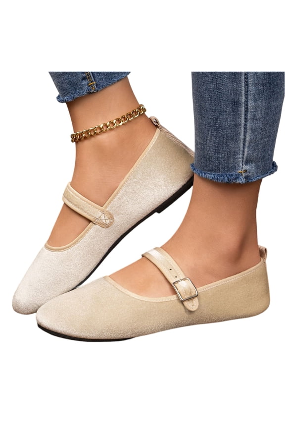 Velvet Mary Jane Flats, Adjustable Buckle Strap Shoes, Women Velvet Casual Flats, Soft Low-Heel Mary Janes, Women's Velvet Mary Jane Ballet Flat With Buckle Strap, Beige 9