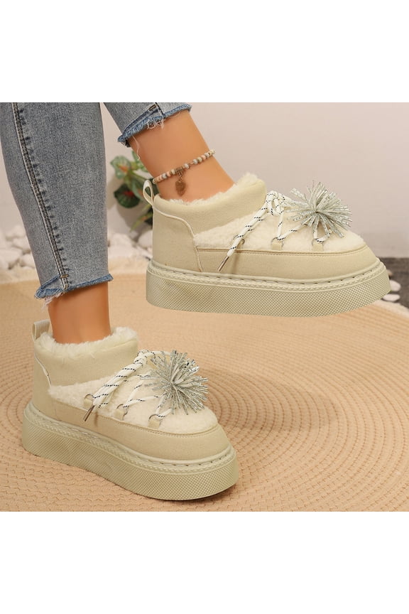 Warm Walking Footwear, Comfort Thermal Loafers, Winter Fleece Sparkle Pom Pom Loafers Cozy Sherpa Sneakers Holiday Family Gathering Festive Accent Low Top Comfort Walking Footwear, Beige 5.5