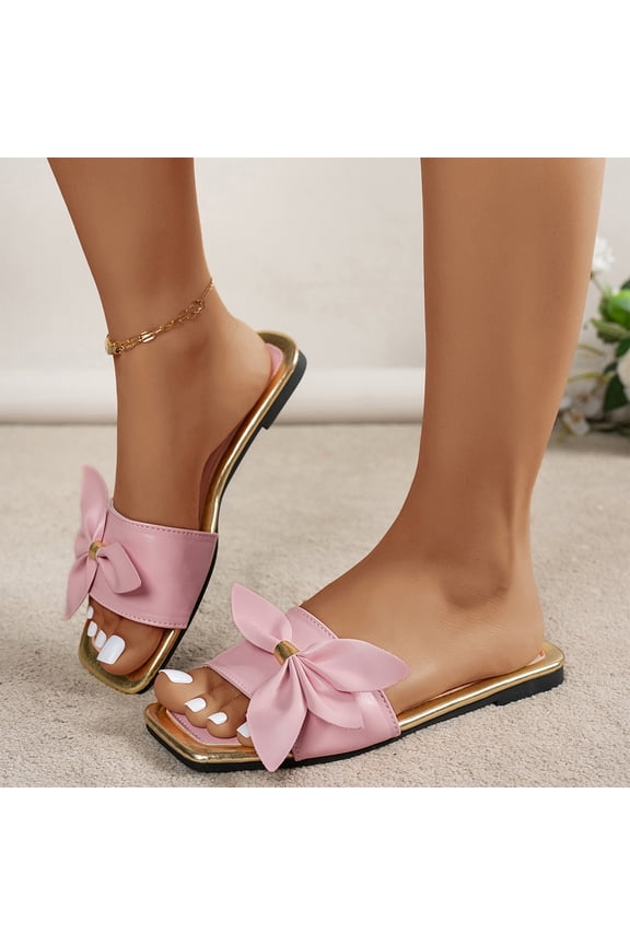 Women's Bow Slide Sandals, Square Toe Flat Slippers, Leather Slide Shoes, Women's Bow Flat Sandals Dressy Square Open Toe Wedding Dress Summer 2026 Comfortable Slip On Slide Sandals, Pink 5.5