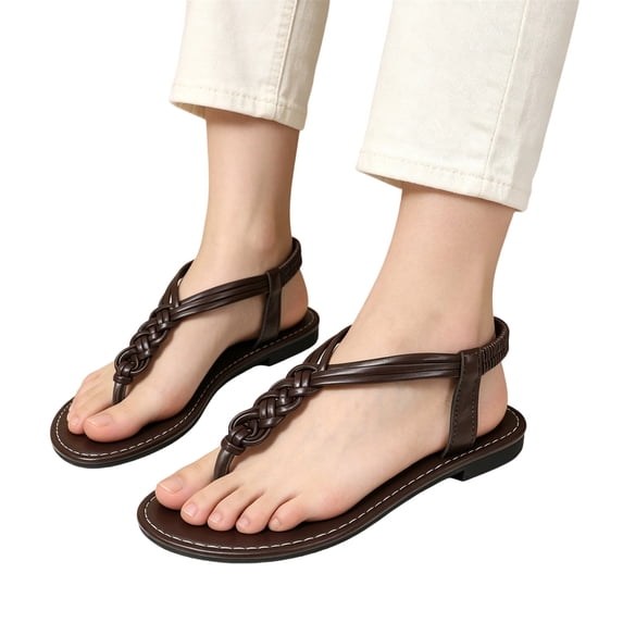 HTHLVMD Women's Braided T-Strap Sandals, Flip Flop Slingback Shoes, Women's Thong Sandals Braided T-Strap Flat Sandals Ankle Strap Open Toe Slides Summer Vacation Beach Shoes, Coffee 8.5