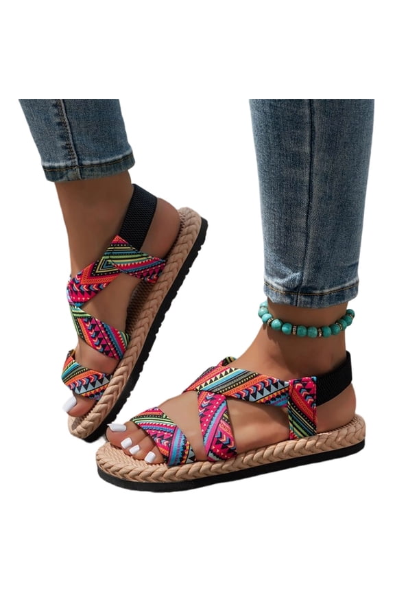 Women's Casual Bohemian Sandals, Comfortable Boho Flat Sandals, Women's Flat Sandals Comfortable Open Toe Rubber Thong Cushion Easy to Clean for Women Indoor Outdoor Vacation, Red 7.5