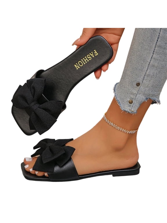 Women's Casual Flat Slides, Summer Bow Slide Sandals, Cute Open Toe Flat Slides for Women, Women's Bow Knot Flat Sandals Square Open Toe Single Band Dressy Slip On Slide Sandals, Black 9.5