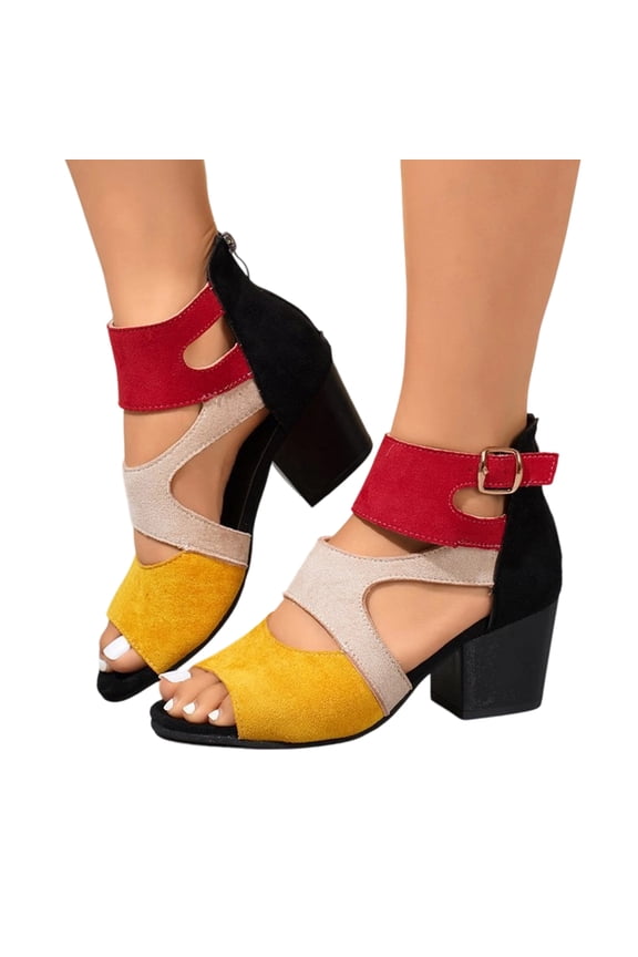 Women's Colorblock Block Heel Sandals, Ankle Strap Heels, Women Colorful Fashion Causal Shoes Comfortable Open Toe Chunky Dress Wedding Shoes With Adjustable Ankle Strap, Multicolor 5
