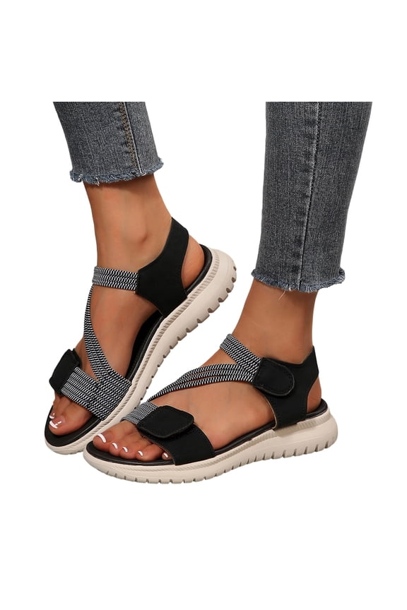 Women's Colorblock Velcro Sandals, Open Toe Platform Sport Sandals, Women's Athletic Hiking Sandals 4cm Heel Lightweight Outdoor Sport Walking Sandals Fashion Comfortable Water Shoes, Black 7