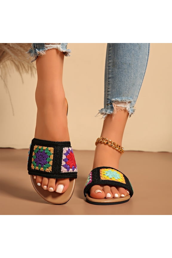 Women's Crochet Floral Slide Sandals, Open Toe Flat Boho Sandals, Summer Ethnic Embroidered Sandals, Women Square Open Toe Single Embroider Band Slip-On Flat Summer Sandal, Black 5.5