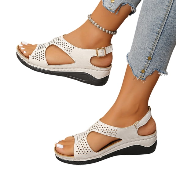 HTHLVMD Women's Cutout Wedge Sandals, Slingback Platform Shoes, Woman Summer Wedge Sandals,Breathable Open Toe Platform Shoes With Adjustable Buckle Casual Roman Sandals for Beach, White 5.5