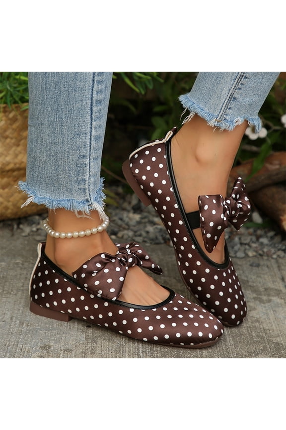 Women's Dress Casual Flats, Statement Bow Shoes, Polka Dot Flats, Vintage Satin Ballet Shoes, Women's Polka Dot Bow Ballet Flats, Satin Slip-On Casual Shoes, Coffee 8