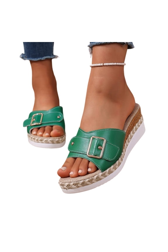 Women's Espadrille Platform Slides, Buckle Wedge Sandals, Retro Espadrille Mules, Women's Buckle Espadrille Platform Slide Sandals, Open Toe Wedge Slippers for Summer, Daily, Green 5.5