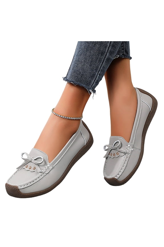 Women's Leather Bow Loafers, Women's Comfortable Lightweight Penny Loafers Slip On Business Casual Dress Shoes Work Office Flats Walking Shoes Driving Mocs for Women, Light Gray 5.5