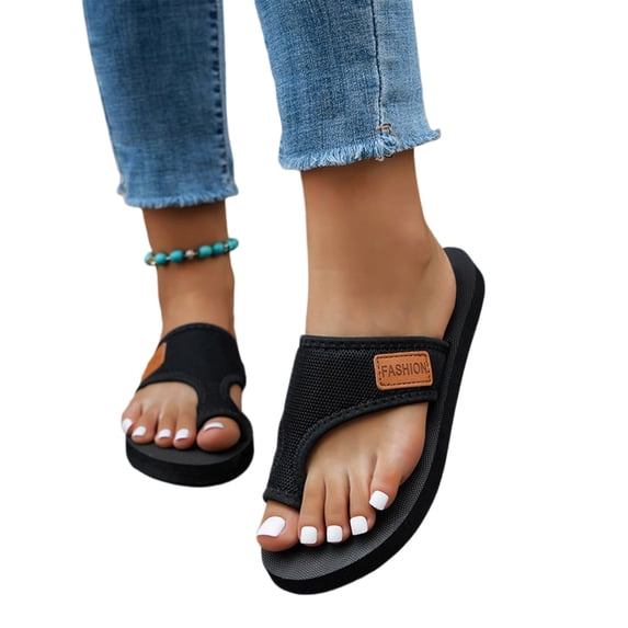 HTHLVMD Women's Mesh Toe Loop Slides, Open Toe Flat Orthotic Sandals, Women's Hollow Mesh Slide Sandals Comfortable Vacation Sandals Summer Slip On Wedge Sandals Flip Flops Beach Sandals, Black 5