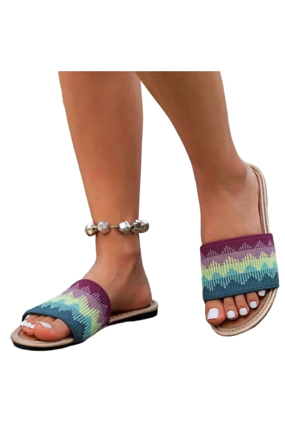 Women's Rainbow Woven Slide Sandals, Colorful Flat Slippers, Boho Flat Mules, Women's Rainbow Gradient Woven Slide Sandals, Open Toe Flat Slippers for Summer, Daily, Blue 6