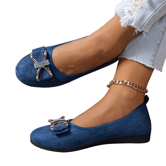 HTHLVMD Women's Rhinestone Bow Flat Shoes, Slip On Flat Shoes, Women's Round Toe Ballet Shoes Flats Comfortable Ballerina Shoes Slip On Work Flats for Walking, Driving, Dressy, Blue 7.5