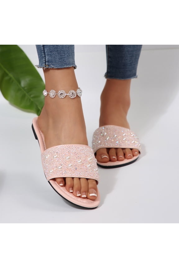 Women's Rhinestone Pearl Slides, Open Toe Square Toe Flat Sandals, Women's Sparkly Rhinestone Strappy Flat Sandals Summer Square Toe Glitter Bling Wedding Shoes Slide Sandals, Pink 5.5