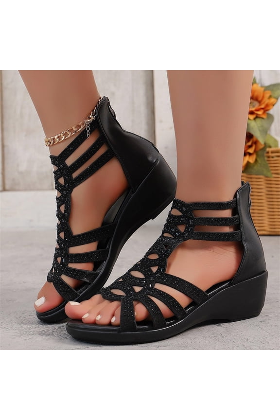 Women's Rhinestone Wedge Gladiator Sandals, Wedge Sandals for Women Bohemia Open Toe Gladiator Platform High Heel Casual Summer Dressy Beach Womens Sandals, Black 5.5