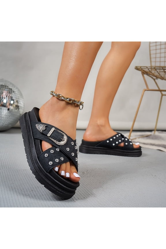 Women's Studded Platform Slides, Women's Denim Cross Strap Platform Slides Sandals With Buckle Fashion Comfortable Studded Slip On Non-Slip Beach Mules for Casual Party Date Walking, Black 6