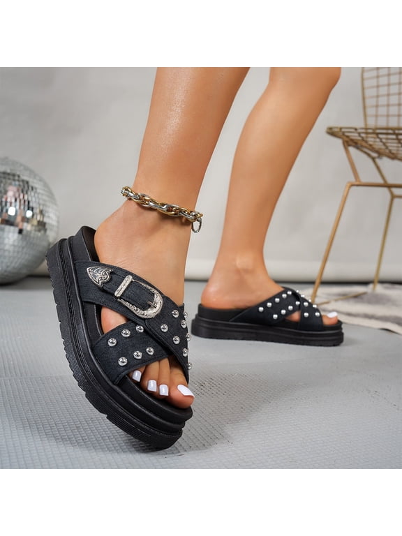 Women's Studded Platform Slides, Women's Denim Cross Strap Platform Slides Sandals With Buckle Fashion Comfortable Studded Slip On Non-Slip Beach Mules for Casual Party Date Walking, Black 6