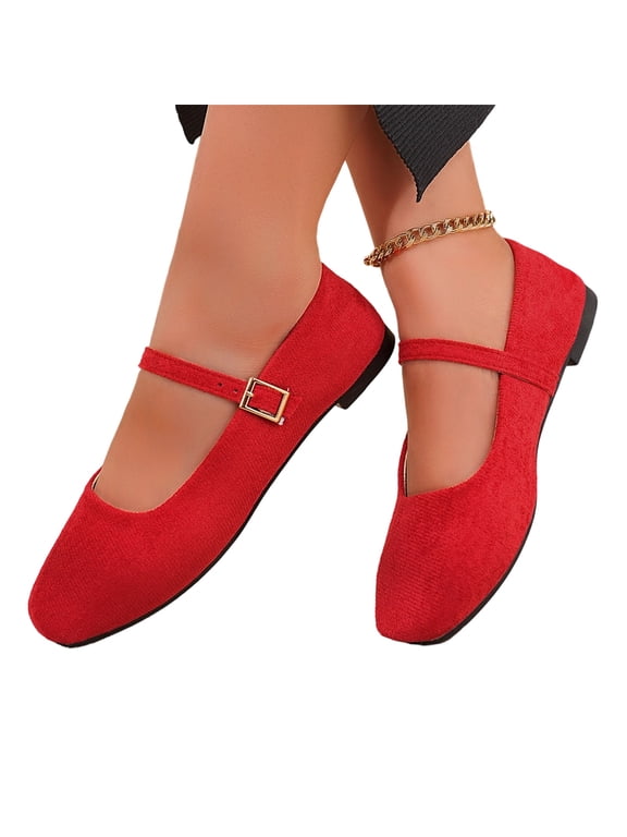 Women's Suede Comfort Flats, Adjustable Strap Dress Shoes, Retro-Inspired Casual Shoes, Flats for Women Comfortable Square Toe Slip On Flats Soft Work Flats Retro Mary Jane Flats, Red 9.5